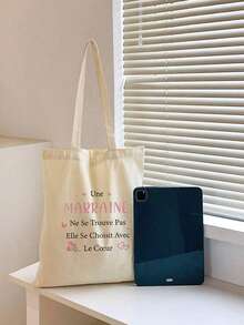 Black "Godmother" Print Minimalist Lightweight Classic Casual Fashion Solid Color Tote Bag, Foldable Large Capacity Shopping Bag, Suitable For Girls, Students, Office Workers, Commuting, Outdoor, School, Best Gift For Teacher's Day, Mother's Day, Girlfriend, Family - Multicolor - View 6
