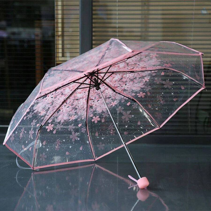 3-Fold Transparent Sakura Flower Umbrella, Windproof And Rainproof, Lightweight Foldable Umbrella, Cute Japanese Style Sakura Flower Umbrella Suitable For Travel, Wedding, And Daily Commute - Multicolor - View 1