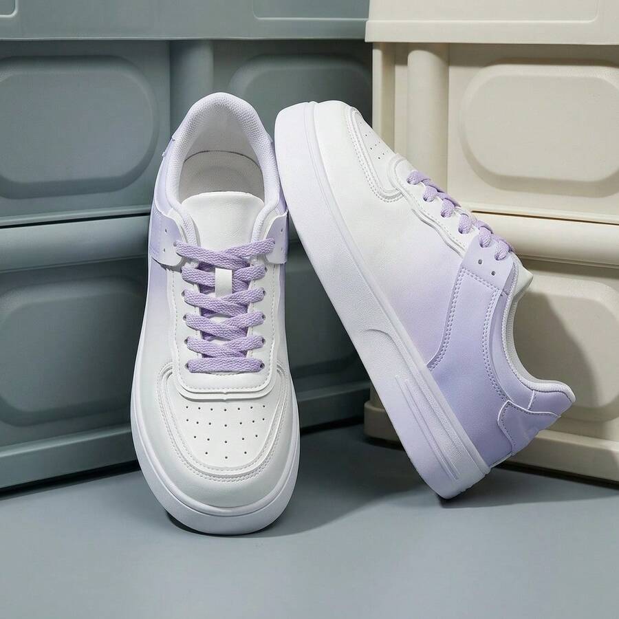 Tenis de mujer casuales zapatillas blancas mujer de cuero sintético con suela de caucho calzado deportivo para estudiantes con diseño degradado y cordones zapatos para mujer estilo urbano a la moda cómodos transpirables y ligeros con plataforma plana versátiles y antideslizantes para uso diario - Morado - Ver 1