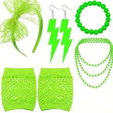 Bộ trang phục phong cách Rave và Hippie thập niên 1980: Vòng cổ neon, vòng tay, khuyên tai hình tia sét bằng nhựa, găng tay lưới và băng đô ren - Bộ trang phục dự tiệc và cosplay (Phong cách kết hợp thập niên 60/70) - Nhiều màu - Xem 10