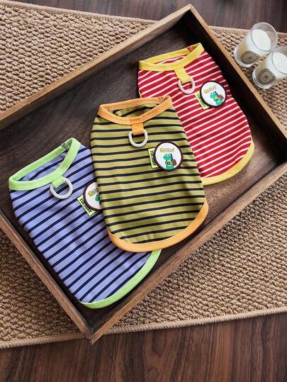 Cute Dinosaur Print Dog Vest, Striped Pet Sleeveless Harness With Leash Ring, Breathable & Comfortable, Ideal For Summer, Soft Small Dog Clothes Suitable For Small & Medium Breeds, Suitable For Daily Walking, Outdoor Activities And Indoor Wear