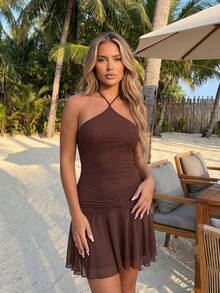 Women Mini Dress Fashion Halter Neck Solid Color Slim Fit Ruched Design Summer Pleated Hem Dresses - Marrón - Ver 3