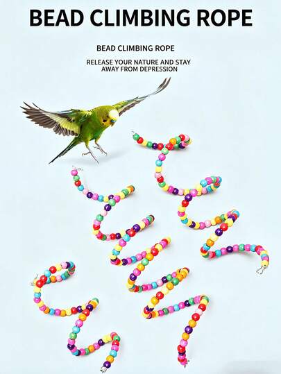 Dây leo cong bằng hạt gỗ nhiều màu sắc, đồ chơi tương tác hình da hổ, phượng hoàng và hoa mẫu đơn, thang treo hình chữ S trang trí lồng, giúp làm phong phú môi trường sống cho vẹt cỡ vừa và nhỏ (màu hạt ngẫu nhiên).