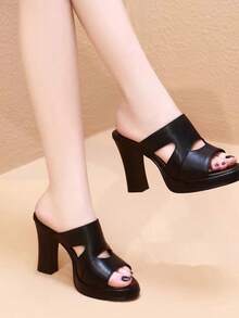 Women's Summer Fashion Black Solid Color High Heel Sandals, Outdoor Casual Slip-On Slippers, Sweet Mother Shoes - Black - View 4