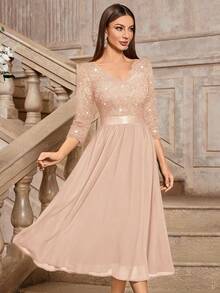 MIUSOL Elegant V-Neck Sequin Floral Lace Ruffle Chiffon 3/4 Sleeve Swing Party Dress, Suitable For Wedding Guest, Graduation Ceremony, Spring/Summer, A-Line Midi Dress, Mother's Day Outfit - Champagne - View 8