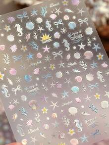 MAOMIA Seashell Full Nail Stickers, Fresh Ocean Style, Waterproof Long-Lasting Removable Nail Art Decals For Summer - Multicolor - View 5