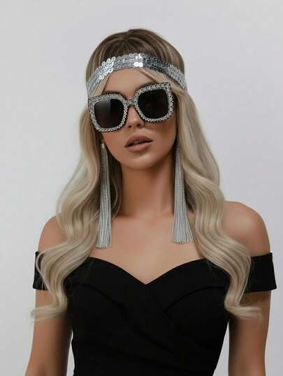 3件套银色亮片发箍、水钻时尚眼镜、流苏耳环，适合音乐节、派对、锐舞派对：亮片和水钻在灯光下闪耀夺目，流苏随风摇曳，打造大胆前卫的造型。非常适合音乐节、角色扮演活动、主题派对——经典的千禧年复古迪斯科风格。
