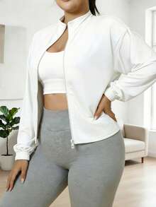 Chaqueta deportiva casual para mujer de talla grande, ajuste holgado con cremallera completa y cuello alto, adecuada para yoga, fitness, entrenamiento y actividades al aire libre como trotar o senderismo - Blanco - Ver 3