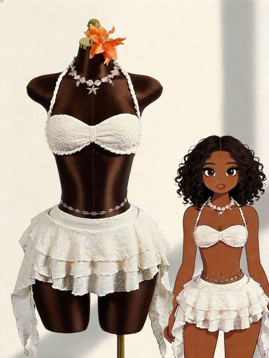 Zestiva Conjunto de traje de baño de 3 piezas para mujer con top bandeau de unicolor, cuello alto fruncido y bajo fruncido, hecho de tela especial trenzada - Albaricoque - Ver 1