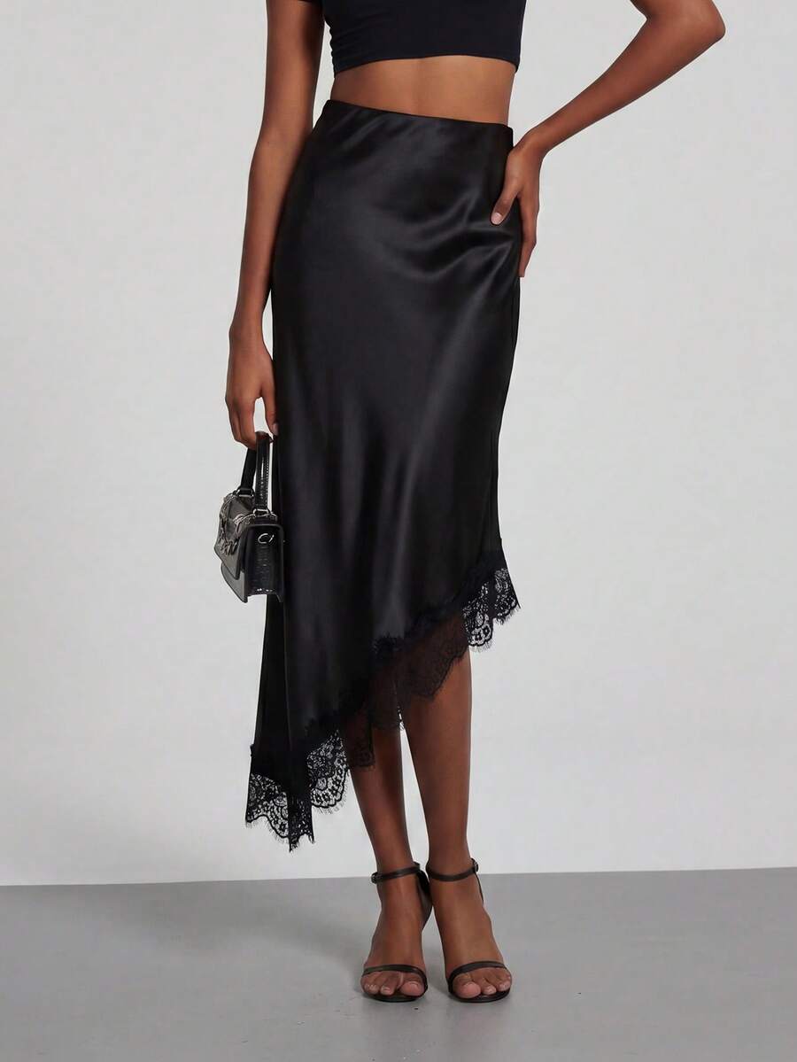 Se-Helo Commuting/Minimalist Elegant/Comfortable Casual Lace Patchwork Satin Asymmetrical Skirt - Black - View 1