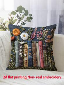 1 pieza Funda de cojín decorativa con estampado vintage de libro y flores con cremallera, adecuada para varias habitaciones, dormitorio, vacaciones, decoración de fiestas, estampado de flores y lomo de libro (sin bordado) (solo impresión) (sin relleno) - Multicolor - Ver 4