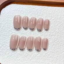 Get The Ultimate Luxury Salon Manicure Experience At Home! 10Pcs Handmade Press On Nails Set, Short Length Short Oval Fake Nails, Elegant Minimalist French Style False Nails With Silver Rhinestone & Glitter Pattern, Classic French Tip Design - Multicolor - View 10