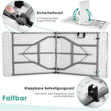 Buffettisch Klappbar Wetterfest 180x75cm,Gartentisch mit HDPE-Tischplatte,Klapptisch Kunststoff mit Tragegriff,Campingtisch für 10 Personen,bis 150kg,Partytisch für Garten Terrasse Balkon - Weiss - Übersicht 5