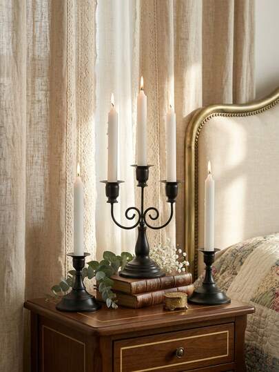 Bộ 3 chân nến mạ điện kim loại kiểu cổ điển, phong cách Pháp cổ, thích hợp trang trí bàn ăn, đám cưới, sinh nhật, phòng khách, lối vào, mặt bàn, nhà hàng cao cấp, lò sưởi, họp mặt gia đình, trang trí.