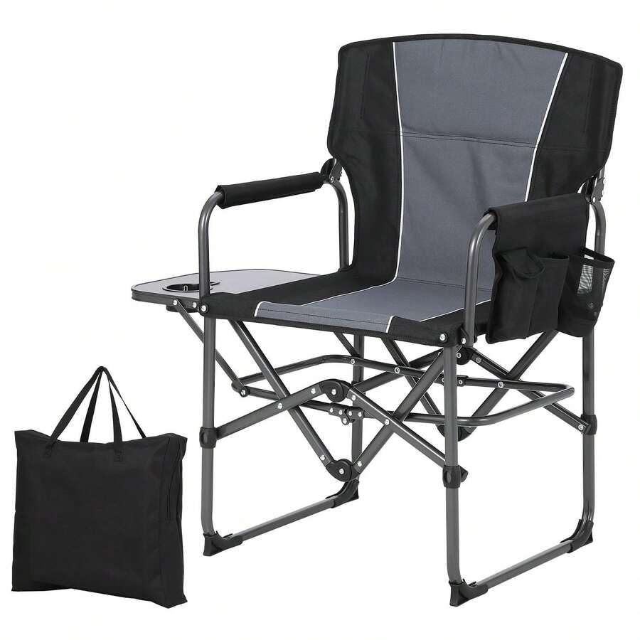 Silla del director de aluminio con bolsillos laterales, respaldo plegable, diseño portátil ligero, tela de PVC 600D y tela de malla 3D - Negro y gris - Ver 1