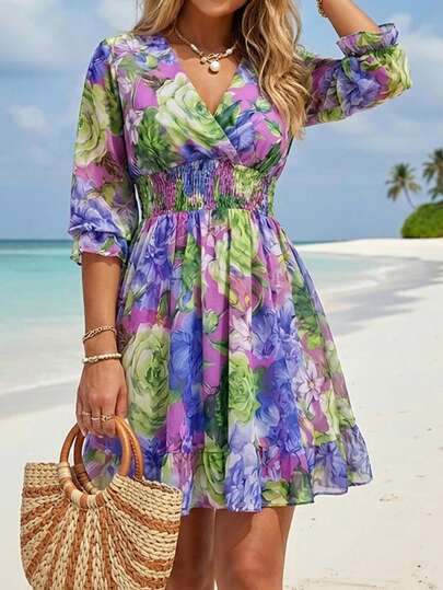 ChicMe Vestido corto casual de gasa con cuello en V, manga larga, cintura fruncida, volantes en el bajo y estampado floral, estilo vacacional
