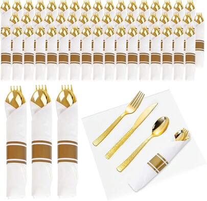 100 Pack Gold Disposable Cutlery Set With Napkins Pre Rolled Plastic Silverware For Parties Events And Catering