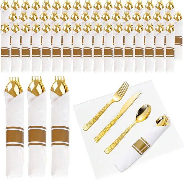 100 Pack Gold Disposable Cutlery Set With Napkins Pre Rolled Plastic Silverware For Parties Events And Catering