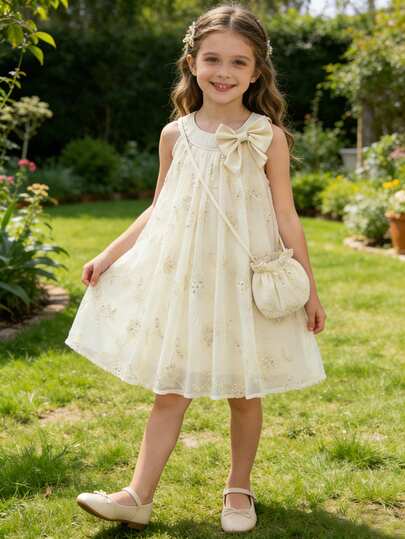 女孩夏季时尚亮片刺绣柔软轻盈雪纺面料蝴蝶结装饰甜美可爱吊带连衣裙配斜挎包