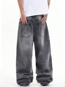 1pc Justice Brother Casual Versatile Vintage Washed Loose Fit Wide Leg Jeans, Unisex - Grey - View 8