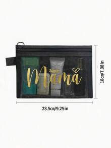 母亲节礼物网眼化妆包，金色字母“Súper Mama”网眼化妆包，创意“Mama”心形印花图案，透明拉链化妆包 - 彩色 - 查看 11