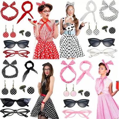 Bộ phụ kiện trang phục phong cách retro thập niên 50 dành cho nữ, trang phục Rockabilly Pin Up thập niên 1950 với băng đô chấm bi, kính mắt mèo, khuyên tai, khăn quàng cổ cho bữa tiệc theo chủ đề thập niên 50, Halloween, cosplay.