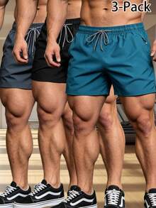 2026 Pantalones cortos deportivos de unicolor para hombres con bolsillos con cremallera y cintura con cordón, adecuados para fitness, correr y uso diario - Multicolor - Ver 1