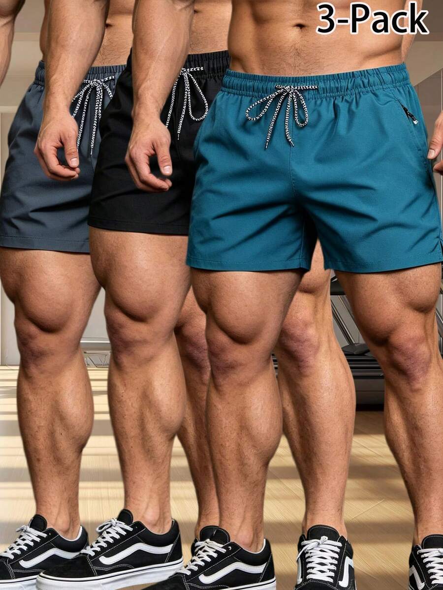 2026 Pantalones cortos deportivos de unicolor para hombres con bolsillos con cremallera y cintura con cordón, adecuados para fitness, correr y uso diario - Multicolor - Ver 1