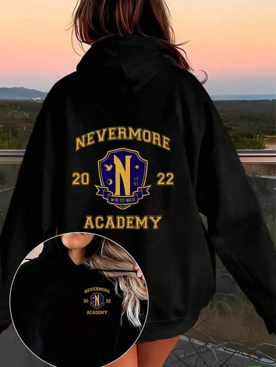 2026 New Women's SweatshirtWomen's Hooded Sweatshirt - Dynamic Design, Front And Back Print, Nevermore 2022 College Letters And Numbers 22 - Gold And Black Pullover Activity, Casual Wear - Washable Alumni And Teachers - Four Seasons Comfortable Fit - Drawstring Hood And - Black - View 1