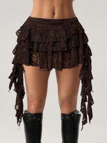 ICON Low Waist Casual Lace Wave-Trim Skirt With Safety Shorts To Prevent Exposure, For Vacation,Bohemian Clothes - 棕色 - 查看 12