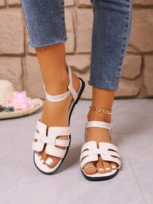 New Elegant Solid Color Korean Style Sandals, Fashionable Flat Vacation Beach Sandals, Beige Strap Sandals For Women - Beige - View 3