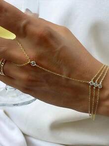 1pc Luxury Gold Tone Zirconia Multi-Layer Finger Hand Chain Bracelet, Minimalist Versatile Delicate Chain Hand Jewelry Accessory Gift For Women Valentines,Day Gift, Mom,Mother,Mother's Day,Gift, Love Gift For Lovers Gift For My Wife Gift For Lovers Gift For My Girlfriend Couple Jewelry Accessories - Gold 3 - View 8