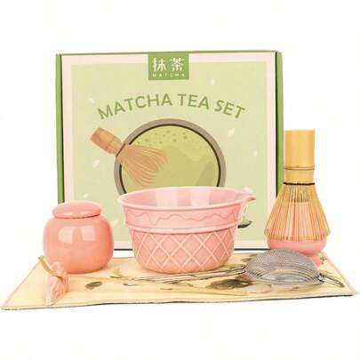 Sakura Pink Matcha Whisk Set-8pcs, Japanese Tea Set Includes Matcha Bowl With Design, Tea And Matcha Canister, 16OZ Matcha Kit Ceremony