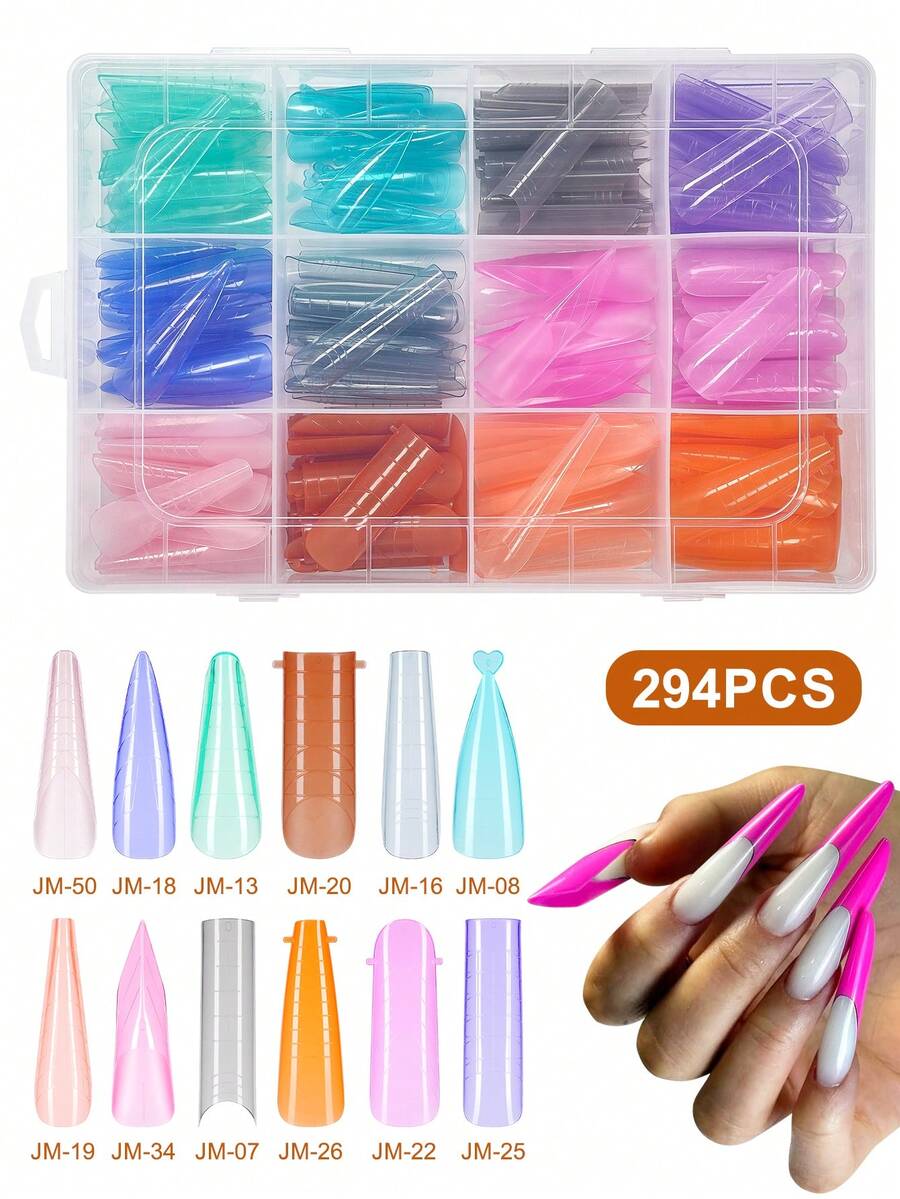294pcs Gel Nail Tips Set, Pre-Formed Fake Nails For Gel Manicure, Soak-Off, Easy Nail Extension, Crystal Nail Molds No Paper Needed Fast UV/LED Extension, Dual-Ended Nail Extension Tool Disposable Manicure Supplies - Multicolor - View 1