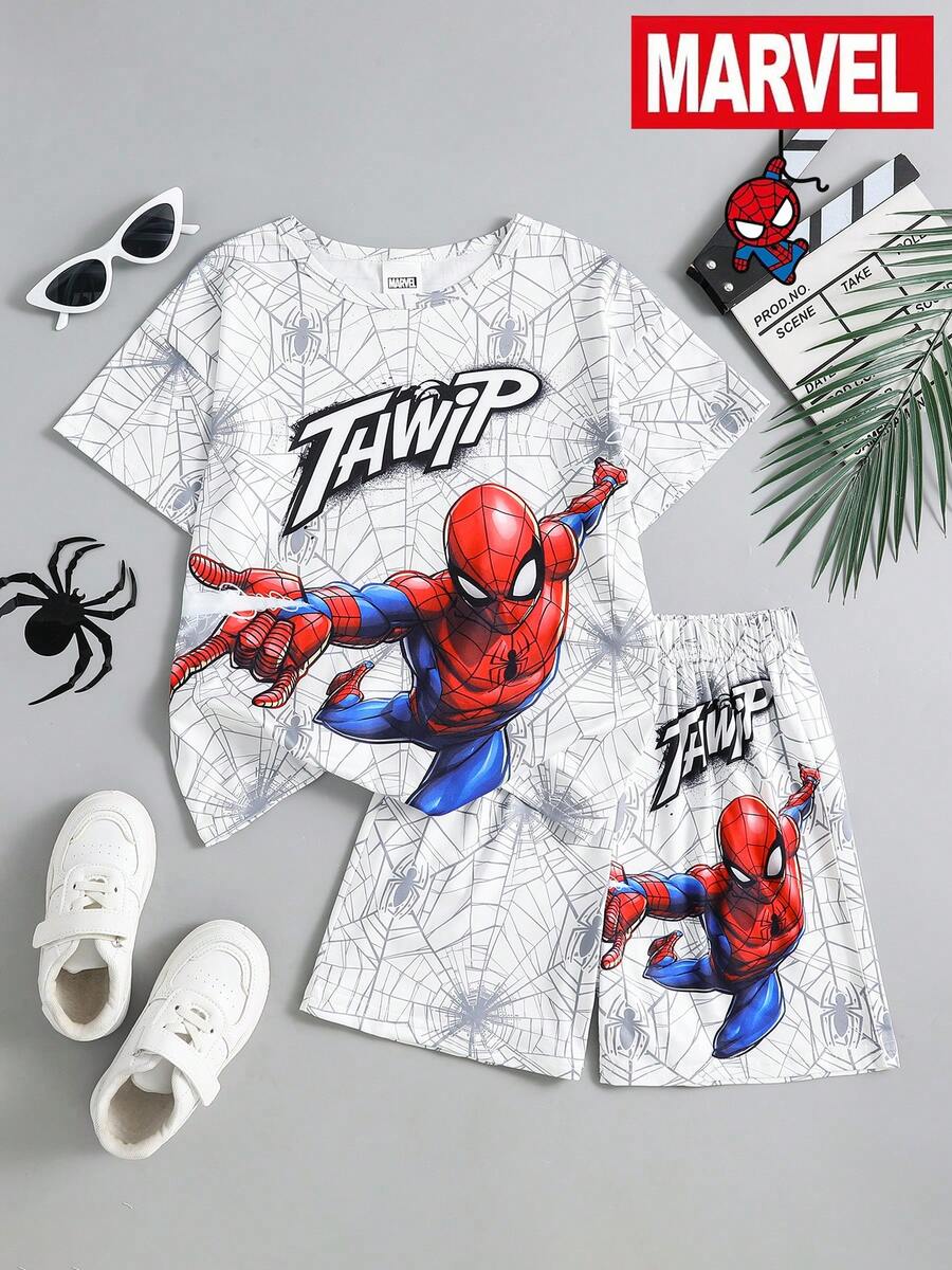 Marvel 青少年男孩蜘蛛侠主题短袖T恤和短裤套装,动感十足的英雄设计,适合蜘蛛侠粉丝,夏季或休闲穿着皆宜。 - 白色 - 查看 1