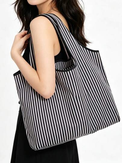 1 túi mua sắm lớn bằng nylon họa tiết sọc - Bền, có thể giặt, gấp gọn, túi đựng đồ tạp hóa tái sử dụng, phù hợp cho việc mua sắm chất lượng cao, túi mua sắm có thể tái sử dụng.