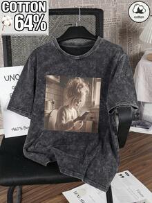 Women's Regular Cotton Snow-Wash Crew Neck Short-Sleeve T-Shirt, Stylish And Minimalist With Abstract Cartoon Character Print, Suitable For Ladies' Commuting Wear In Spring, Summer And Autumn. Casual - Black - View 3