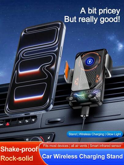 车载通用出风口电动旋转开合式手机支架，15W无线充电器，双线圈智能手机快速充电