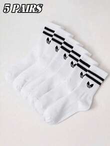 1/5 pares de calcetines blancos a media pantorrilla con rayas, de estilo minimalista y casual, versátiles para uso diario, para todas las estaciones - Blanco - Ver 1