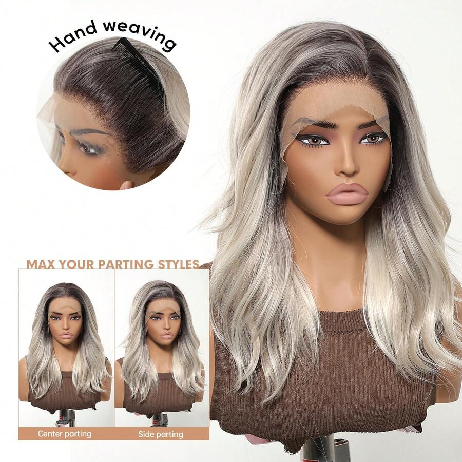 Tóc giả ngắn gợn sóng 16 inch, màu vàng nâu chuyển sắc, rẽ ngôi giữa, chất liệu tổng hợp, ren trước 13*4, dệt thủ công, sợi chịu nhiệt, thích hợp sử dụng hàng ngày, nhập khẩu, lụa, dự tiệc, đám cưới, lễ hội âm nhạc, quà tặng Giáng sinh, chất lượng cao và thoải mái tự nhiên.