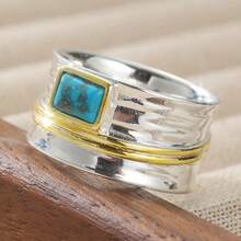 Vintage Minimalist Wide Band Ring, Inlaid With Synthetic Turquoise, Handcrafted Quality Copper Material, Exquisite Workmanship, Fashionable & Elegant Jewelry For Women, Suitable For Casual, Travel And Holiday Wear - Silver - View 5