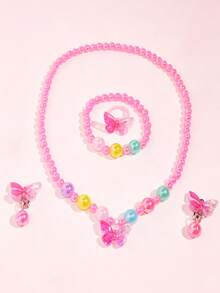 5件套女孩可爱蝴蝶串珠首饰套装，包括项链、手链、戒指和夹式耳环，适合女孩日常佩戴、参加派对、作为生日礼物 - 均碼 - 查看 3