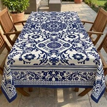 1pc Blue & White Mandala Tile Vintage Print Tablecloth, Retro Mediterranean Style Fabric Decorative Dining Tablecloth, Suitable For Kitchen, Restaurant, Outdoor Party, Summer Home Decor Arrangement - A - View 6