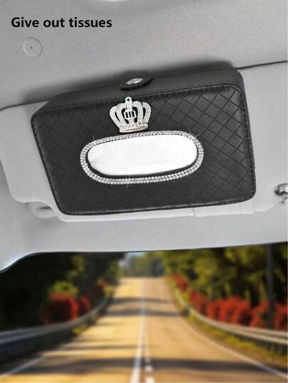 This Shiny Rhinestone Crown-Shaped Car Sun Visor Tissue Box Is Made Of High-Quality PU Leather With A Creative Design. It Can Also Be Used As A Car Storage Accessory And Has A Mask Box Function, Making It A Black Car Decoration Item.