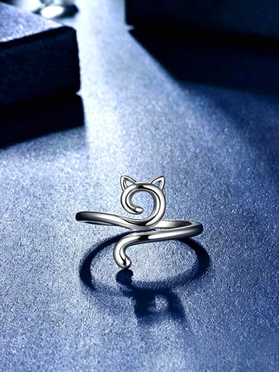 1 chiếc nhẫn hình mèo bằng bạc S925 thanh lịch và dễ thương, thiết kế sáng tạo, kiểu nhẫn hở, hình mèo tối giản với đường nét rỗng, món quà độc đáo dành tặng bạn bè nhân dịp sinh nhật, trang sức thời trang. - con mèo - Xem 1