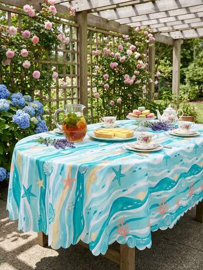 1 chiếc khăn trải bàn phong cách ven biển vẽ màu nước, chất liệu polyester chống thấm nước và chống bám bẩn, in hình sao biển, vỏ sò và sóng biển, viền lượn sóng, thích hợp cho tiệc bãi biển mùa hè, ăn uống ngoài trời, nhà ven biển, tiệc nướng sân sau và trang trí trong nhà/ngoài trời.