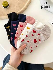 1/5 Paar Damen süße Herzmuster Socken, weiße Knöchelsocken, lässige flache Bootsocken, bequem und atmungsaktiv, vielseitig für Alltag und Sport geeignet, passend für alle Jahreszeiten - Verschiedenfarbig - Übersicht 7