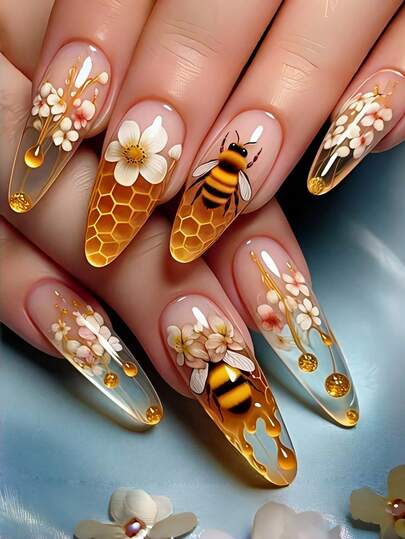 24pcs Medium-Long Almond-Shaped Fake Nails, With Golden Flower 3D Bees, Cute And Fashionable Wearable Nails, Removable Full-Coverage Nails, Suitable For Parties, Proms, And Daily Wear