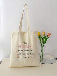 Black "Godmother" Print Minimalist Lightweight Classic Casual Fashion Solid Color Tote Bag, Foldable Large Capacity Shopping Bag, Suitable For Girls, Students, Office Workers, Commuting, Outdoor, School, Best Gift For Teacher's Day, Mother's Day, Girlfriend, Family - Multicolor - View 2