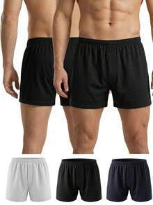 100% Cotton Boxers For Men Loose Fit Soft Knit Solid Color Boxer Shorts Relaxed Fit Cotton Boxers For Men With Button Fly - Multicolor - View 2